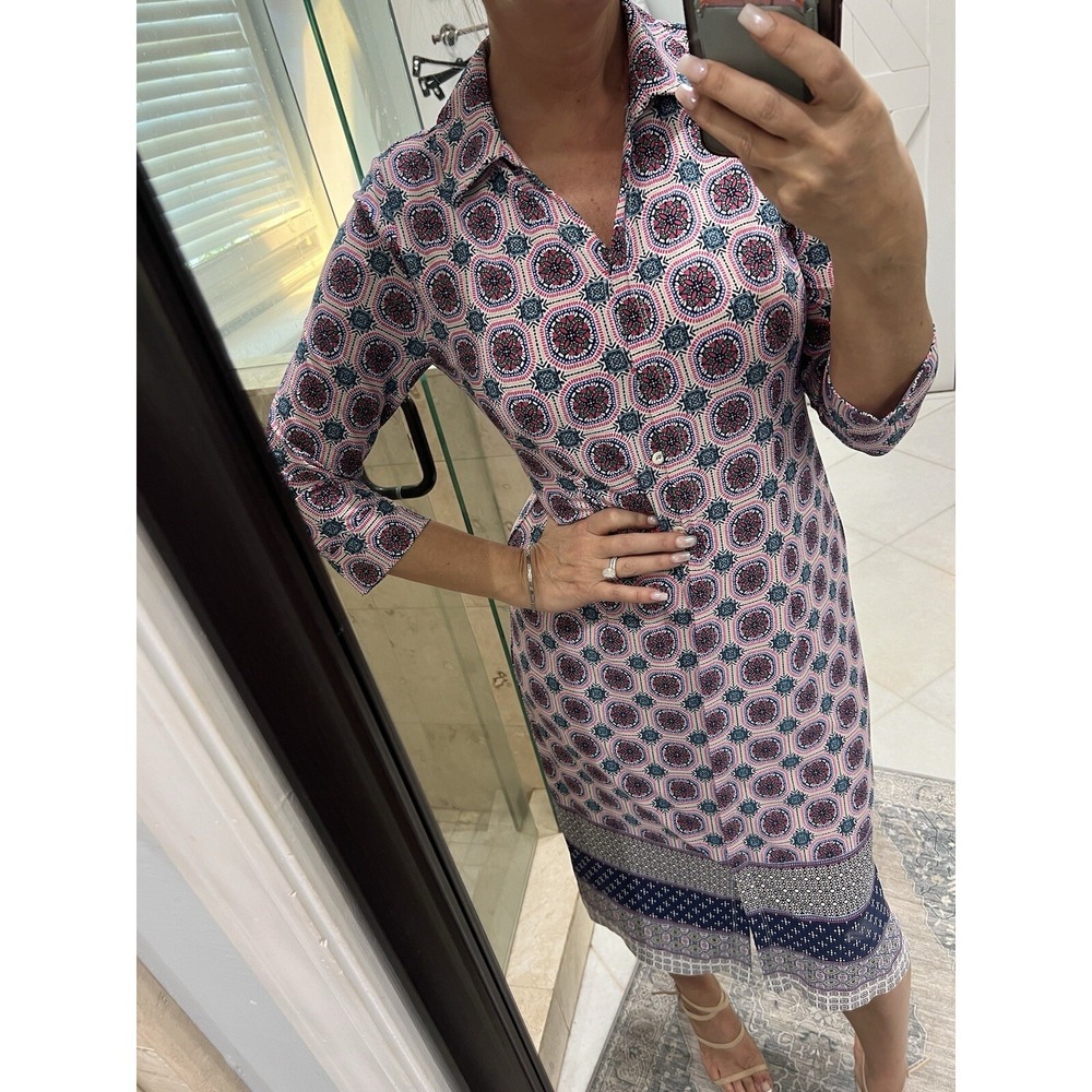 Chico's Medallion Print Jersey Midi Shirt Dress Pink Blue Size 0 XS S